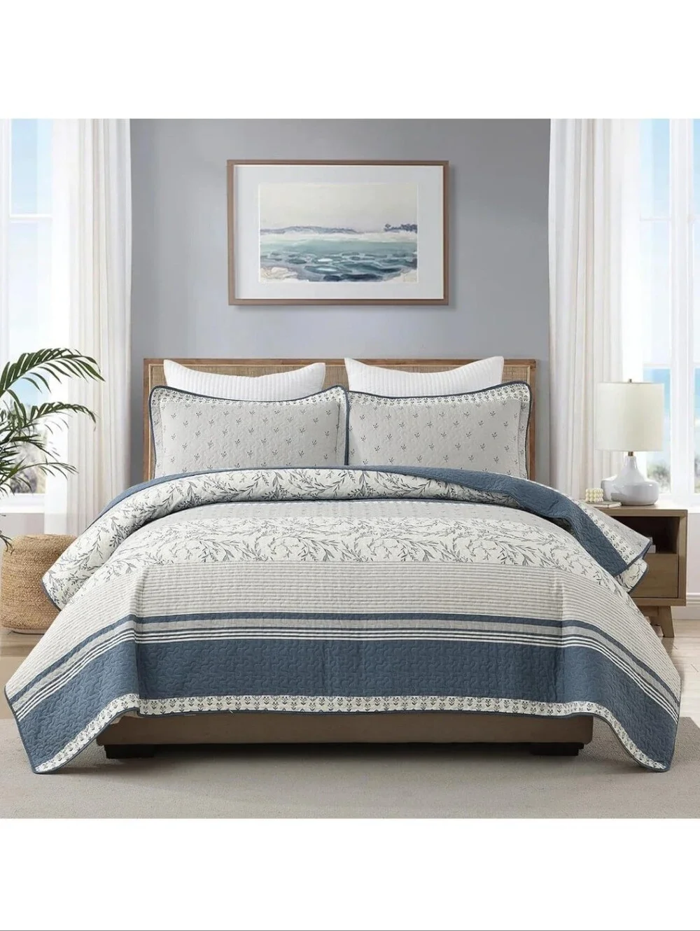 DDUOXIN 100% Cotton King Quilt - Modern Stripe Botanical Quilts 2 Pillow Shams